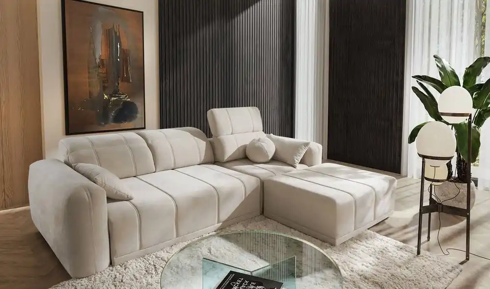 Ausverkauf Ecksofa mit Schlaffunktion Cetara beige rechte Seite stilvolles Design komfortable Schiebelehne verstellbare Kopfstützen