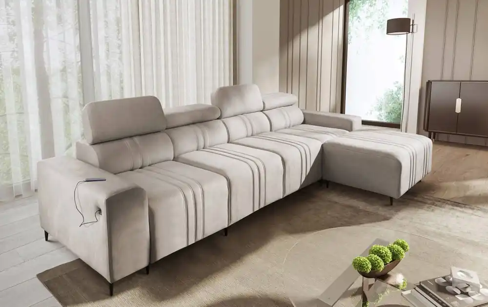 Ecksofa mit Schlaffunktion Castel XII beige rechte Seite stilvolles und bequemes Ecksofa für Wohnzimmer funktionelle verstellbare Kopfstützen Top-Angebot