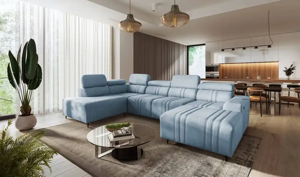 Ecksofa mit Schlaffunktion Castel VI blau rechte Seite komfortables und elegantes Ecksofa mit zwei Bettkästen Garantierte Lieferung
