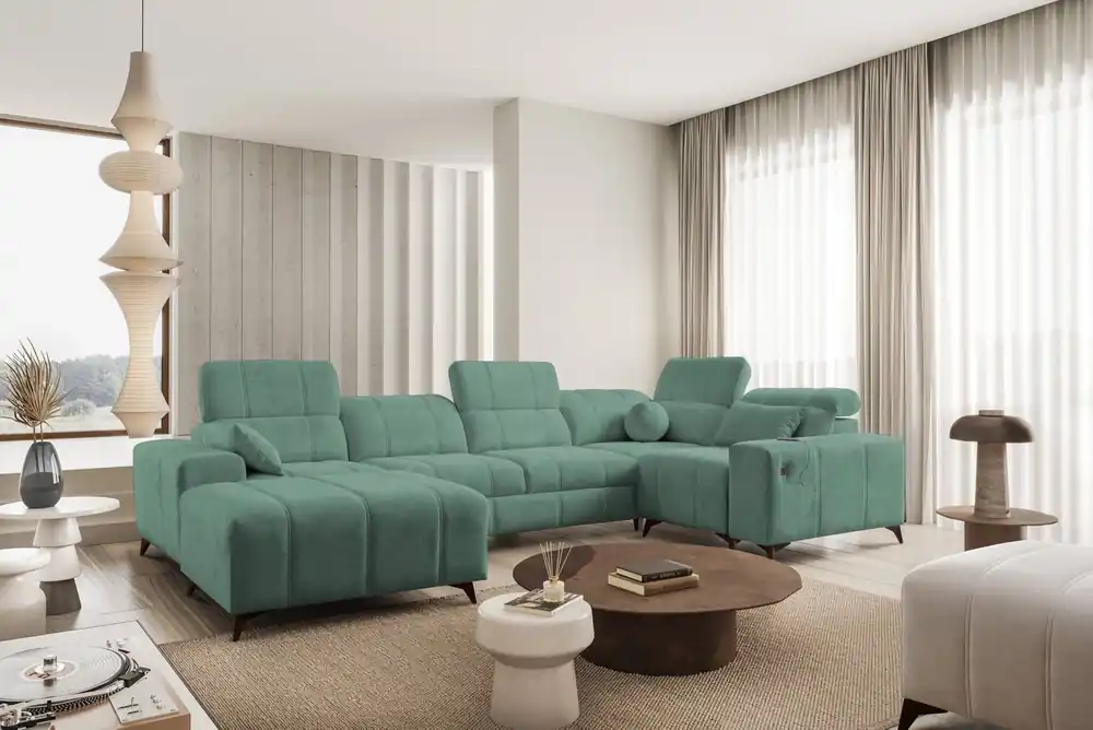 Aktuell Ecksofa mit Schlaffunktion Penejos IV grün linksseitig stilvolles Ecksofa mit zwei Bettkästen strapazierfähiger Stoff