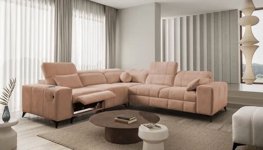 Preisknaller Ecksofa mit Schlaffunktion Penejos III Lux Lachs links komfortables Ecksofa für das Wohnzimmer mit ausziehbarem Fußteil Bettwäschecontainer
