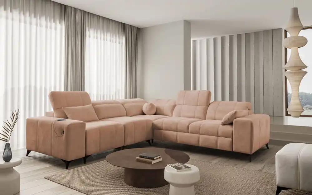 Direktkauf Ecksofa mit Schlaffunktion Penejos III Lachs links äußerst bequemes und praktisches Ecksofa für das Wohnzimmer zwei Container für Bettzeug