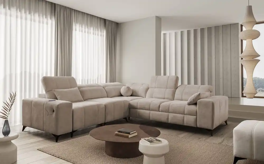 Sofort Bestellen Ecksofa mit Schlaffunktion Penejos III dunkelbeige links bequemes und praktisches Ecksofa für das Wohnzimmer zwei Container für Bettzeug