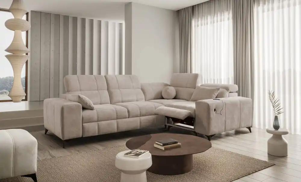 Ecksofa mit Schlaffunktion Penejos II Lux dunkelbeige rechts bequemes Ecksofa für das Wohnzimmer mit komfortablem ausziehbarem Fußteil Neue Ware