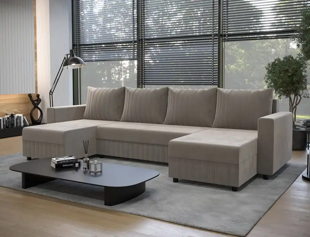 Begrenztes Angebot Ecksofa mit Schlaffunktion Pasco U beige klassisches Design geschmackvoller Körper mit garantierter Funktionalität und Komfort weicher Stoff