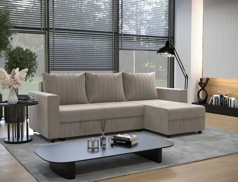 Rabatt Ecksofa mit Schlaffunktion Pasco beige rechte Ecke Klassisches Ecksofa, das in jede Einrichtung passt Ziernähte