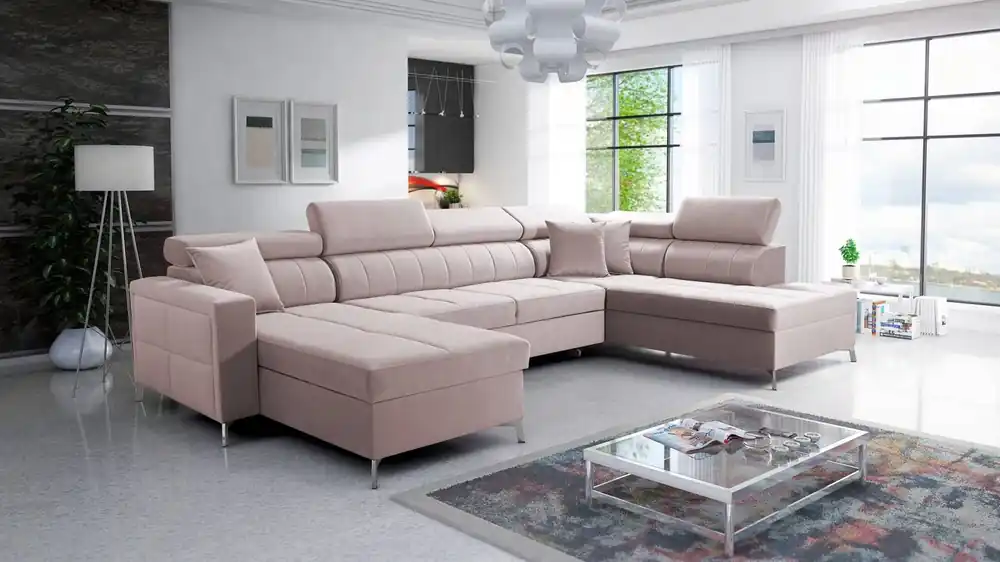 Ecksofa mit Schlaffunktion Nausa VI puderrosa linke Seite stilvolles Ecksofa für Wohnzimmer mit komfortabler Verarbeitung Samt Typ Stoff Mega-Angebot