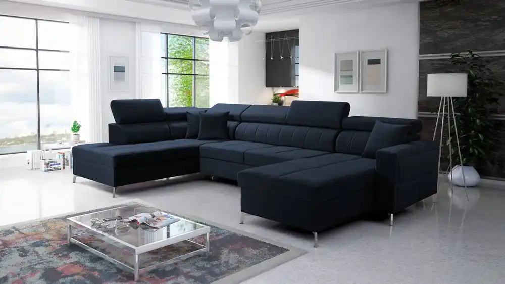 Ecksofa mit Schlaffunktion Nausa VI navy blau rechts stilvolles Ecksofa für Wohnzimmer mit komfortabler Verarbeitung Samtstoff Beliebt