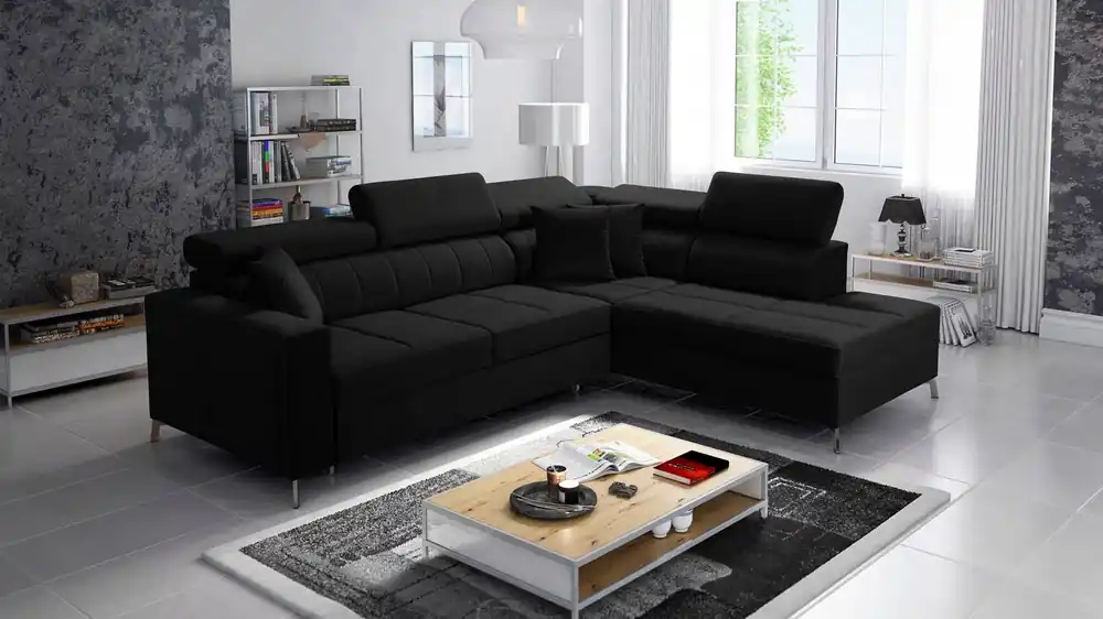Kracherpreis Ecksofa mit Schlaffunktion Nausa III schwarz rechts Samt stilvolles bequemes Ecksofa verstellbare Kopfstützen Bettzeugcontainer