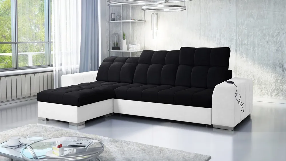 Ecksofa mit Schlaffunktion Luigi schwarz / weiß links Ecksofa mit zwei Bettkästen Stoff mit einer interessanten Struktur Super-Preis