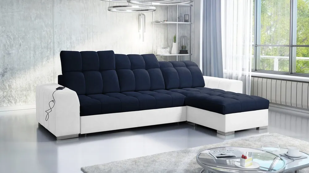 Nur Für Kurze Zeit Ecksofa mit Schlaffunktion Luigi navyblau/weiß rechtes Ecksofa mit zwei Bettkästen Stoff mit interessanter Struktur