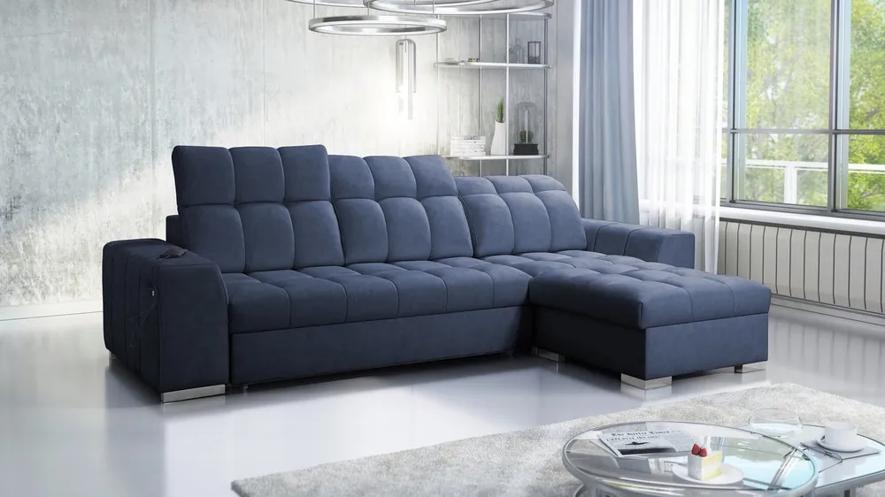 Sale Ecksofa mit Schlaffunktion Luigi blau rechts Ecksofa mit zwei Bettkästen Stoff mit einer interessanten Struktur