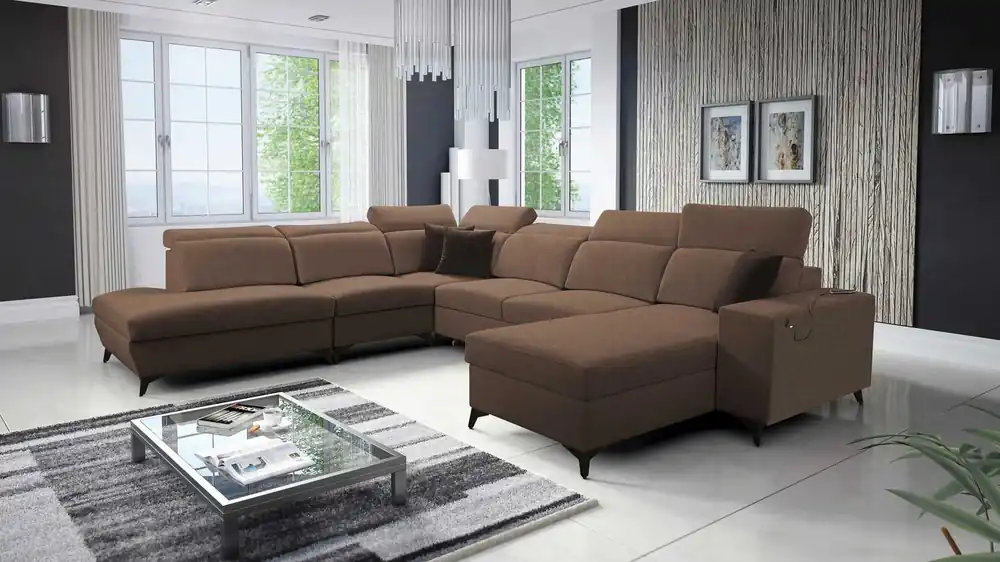 Ecksofa mit Schlaffunktion Kelly Sleek X hellbraun rechts extrem elegantes Ecksofa für Wohnzimmer mit verstellbaren Kopfstützen Markenprodukt