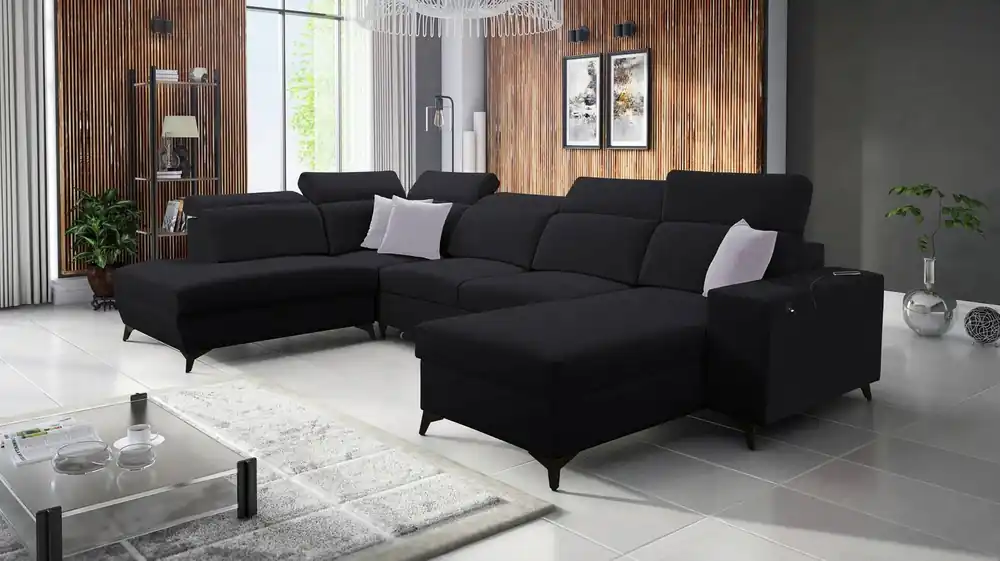 Solange Der Vorrat Reicht Ecksofa mit Schlaffunktion Kelly Sleek VI schwarz rechte Seite modernes Design Ecksofa für Wohnzimmer mit verstellbaren Kopfstützen