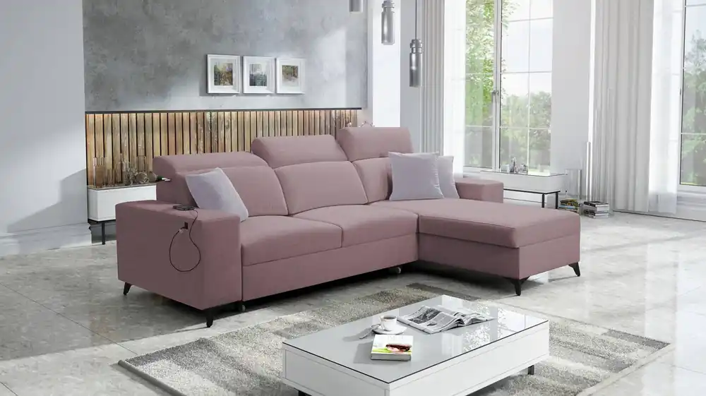 Ausverkauf Ecksofa mit Schlaffunktion Kelly Sleek lavendelrosa rechtsseitig kariert bequem und funktional Ecksofa für Wohnzimmer