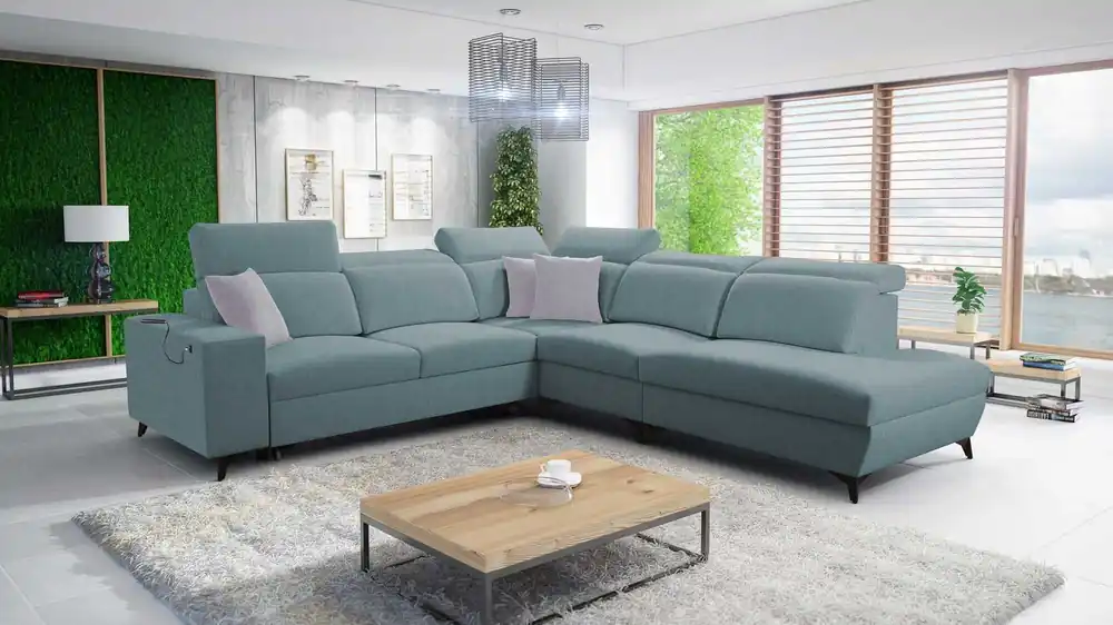 Schnäppchen Ecksofa mit Schlaffunktion Kelly Sleek IX arctic blue rechtes bequemen Armlehnen und verstellbaren Kopfstützen