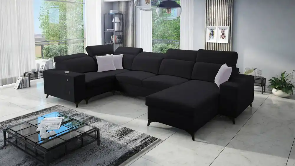 Ecksofa mit Schlaffunktion Kelly Sleek IV schwarz rechtsseitig Ecksofa mit Bettkästen Webstoff Schneller Versand