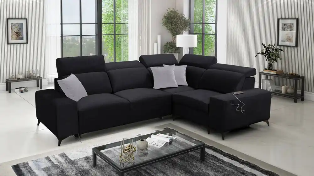 Ecksofa mit Schlaffunktion Kelly Sleek II schwarz rechtsseitiges elegantes Ecksofa für das Wohnzimmer aus strapazierfähigem Webstoff Preisreduziert