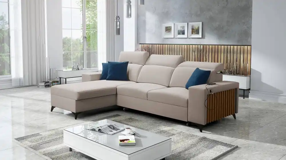 Ecksofa mit Schlaffunktion Kelly hellbeige linke Seite aus Samt Komfort und Funktionalität Seite des Ecksofas mit Lamellen beendet Direkt Vom Hersteller