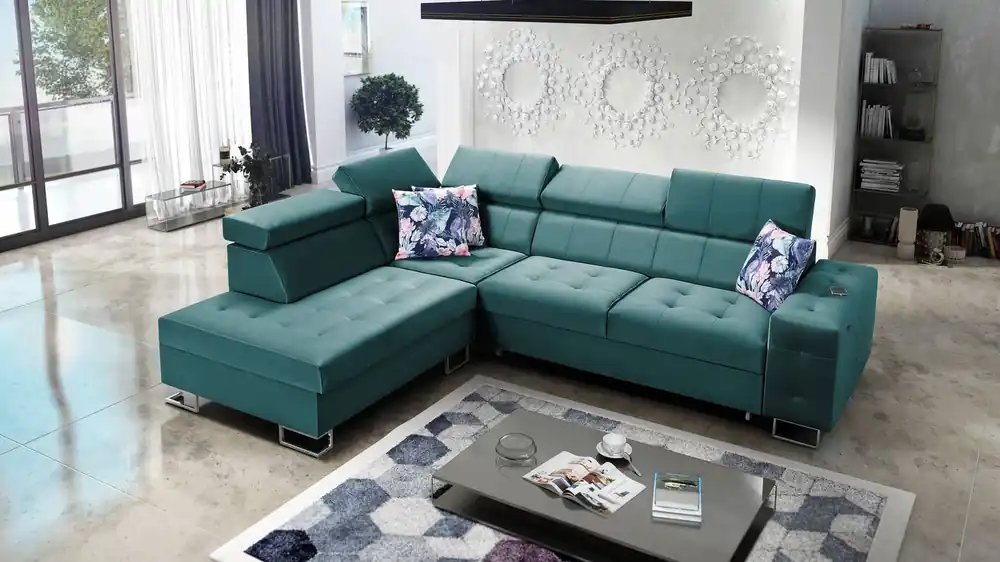 Markenware Ecksofa mit Schlaffunktion Hampton VII meeresblau links aus Samtstoff mit glatter Oberfläche