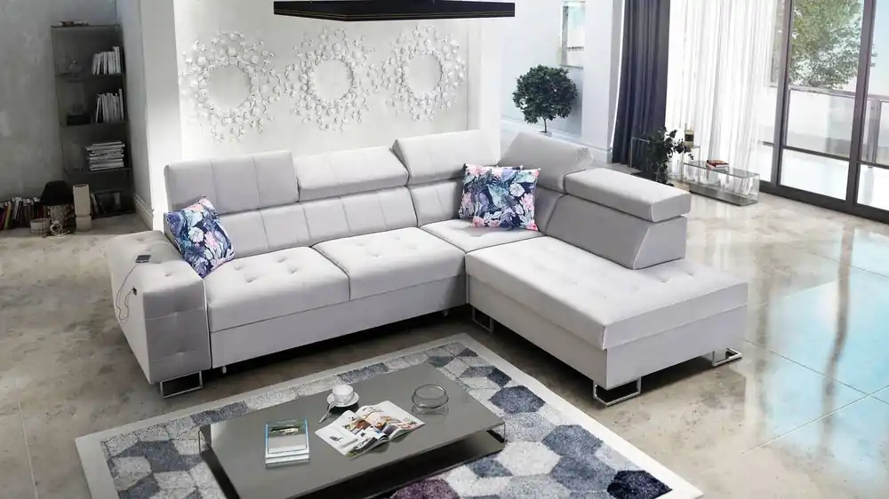 Ecksofa mit Schlaffunktion Hampton VII graue Esche rechtes Ecksofa für den Raum aus Samtstoff mit glatter Oberfläche Super-Preis