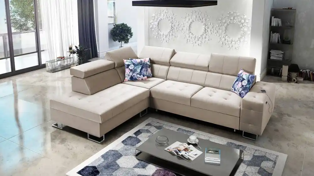 Saisonangebot Ecksofa mit Schlaffunktion Hampton VII beige linkes Ecksofa für Zimmer aus Samtstoff mit glatter Oberfläche