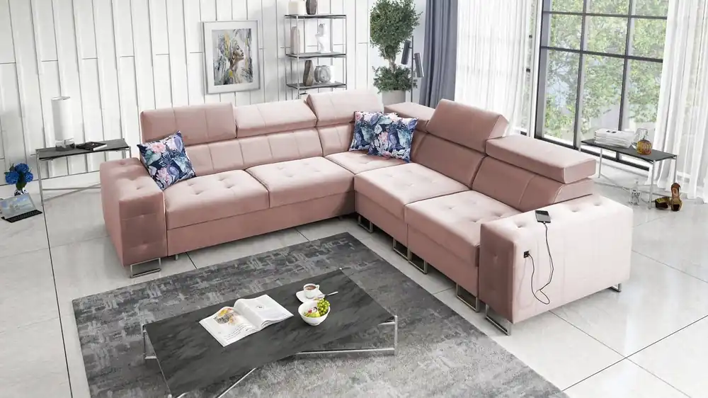 Wochenendangebot Ecksofa mit Schlaffunktion Hampton III quartz pink rechte Seite bequemes Ecksofa aus glattem und weichem Samtstoff