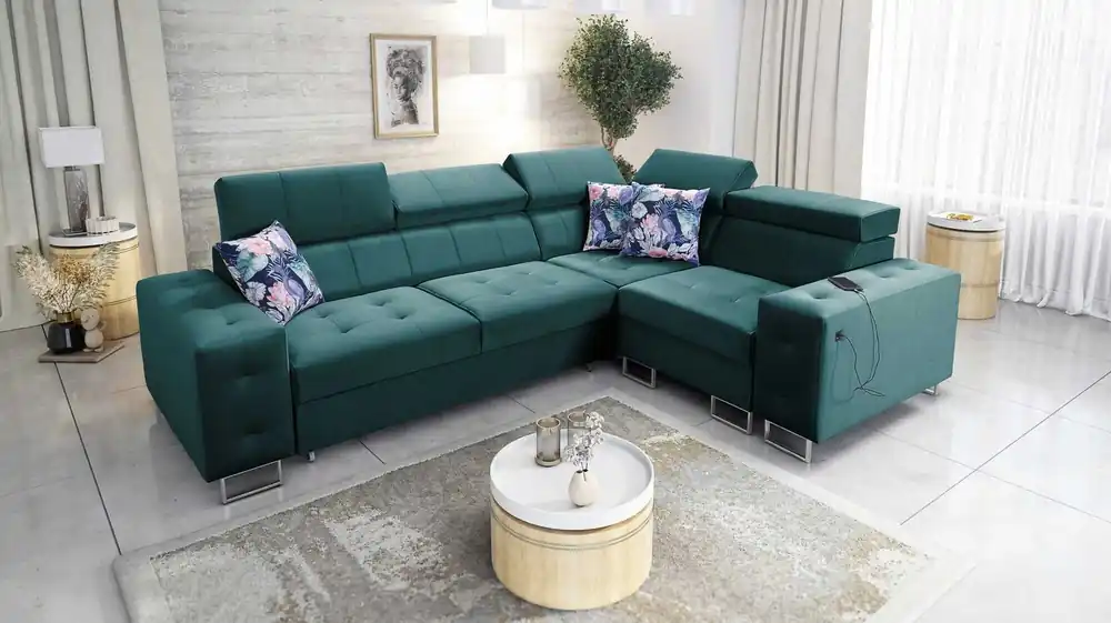 Begrenztes Angebot Ecksofa mit Schlaffunktion Hampton II meeresblau rechts stilvolles Ecksofa Bett weiche Polsterung Stoffart Samt