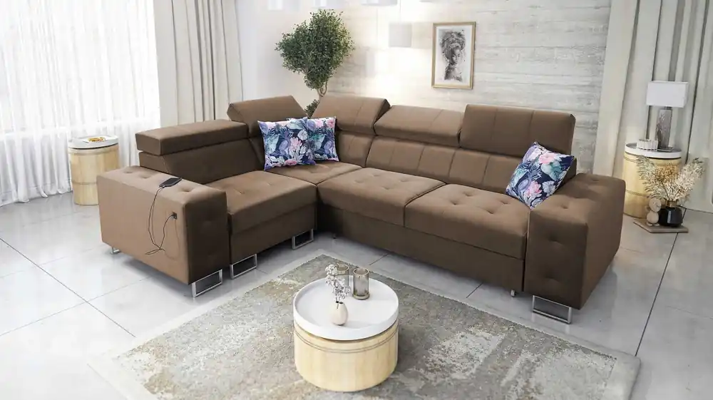 Preiswert Ecksofa mit Schlaffunktion Hampton II hellbraun links stilvolles Ecksofa Bett weiche Polsterung Stoffart Samt