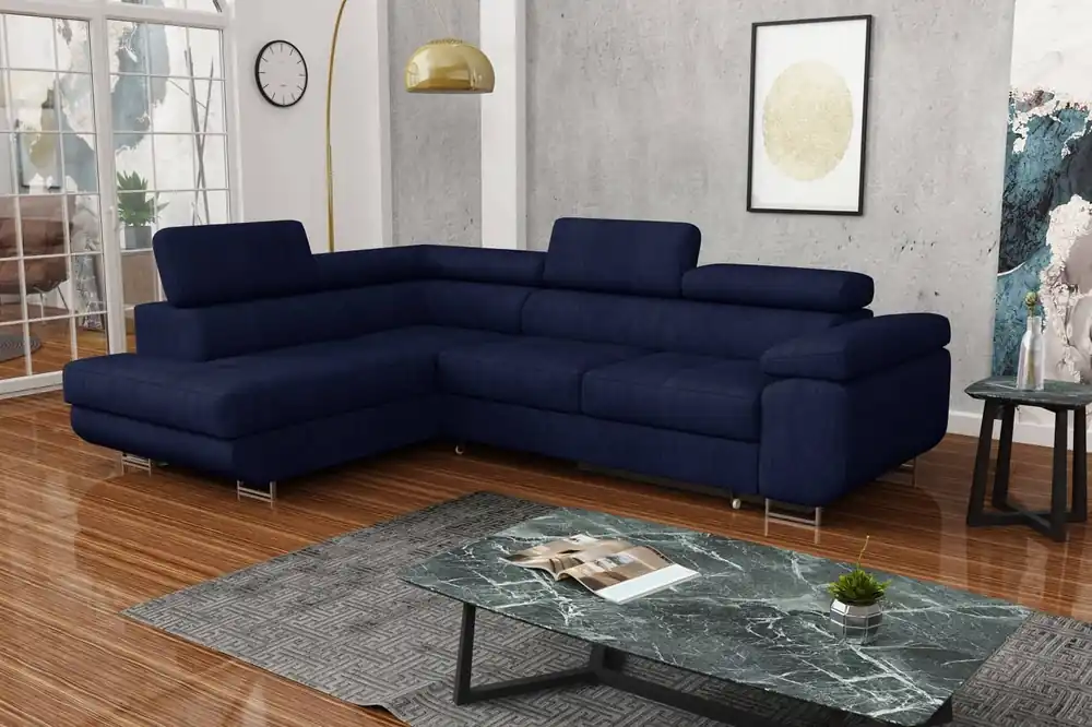 Direkt Vom Hersteller Ecksofa mit Schlaffunktion Ganta navy blue linke Seite moderner Veloursstoff garantiert höchsten Komfort und Funktionalität
