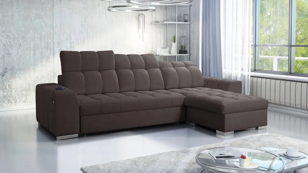 Ecksofa mit Schlaffunktion Luigi braunes Ecksofa rechts mit zwei Bettkästen Stoff mit interessanter Struktur Saisonangebot