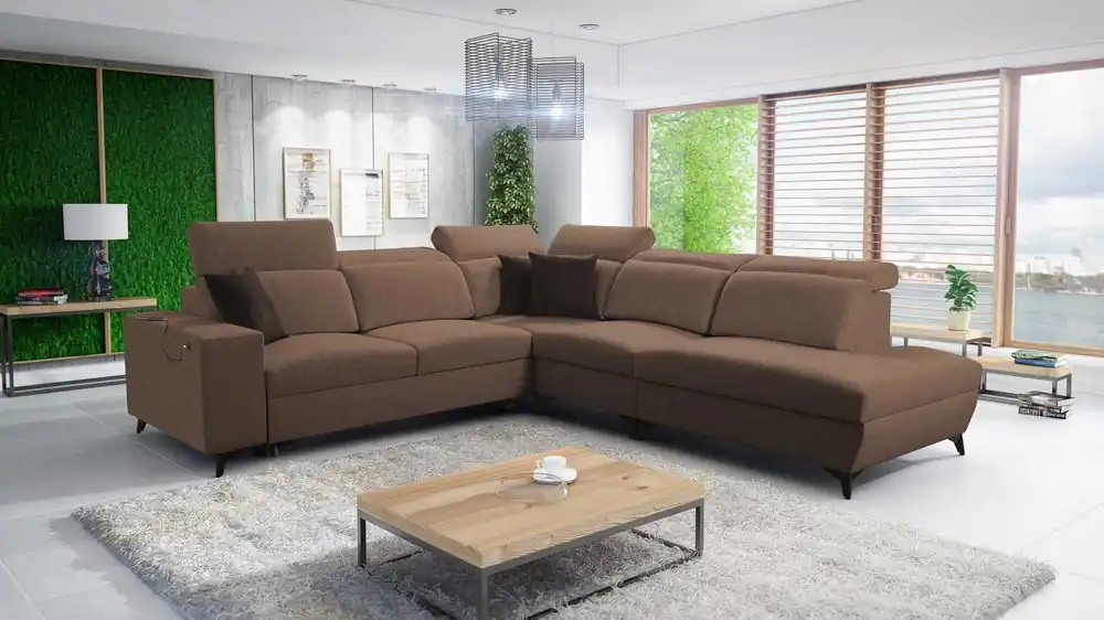 Direktkauf Ecksofa mit Schlaffunktion Kelly Sleek IX hellbraun rechts stilvolles Ecksofa mit bequemen Armlehnen und verstellbaren Kopfstützen