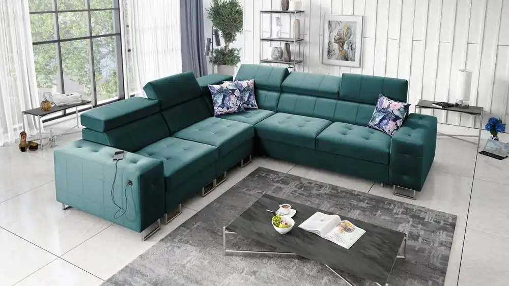 Ecksofa mit Schlaffunktion Hampton III sea links komfortables Ecksofa aus glattem und weichem Samtstoff Ausverkauf