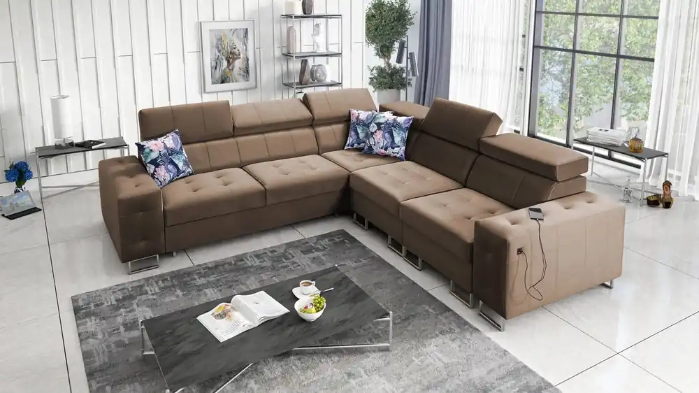 Ecksofa mit Schlaffunktion Hampton III hellbraunes rechtsseitiges bequemes Ecksofa aus glattem und weichem Samtstoff Super-Preis