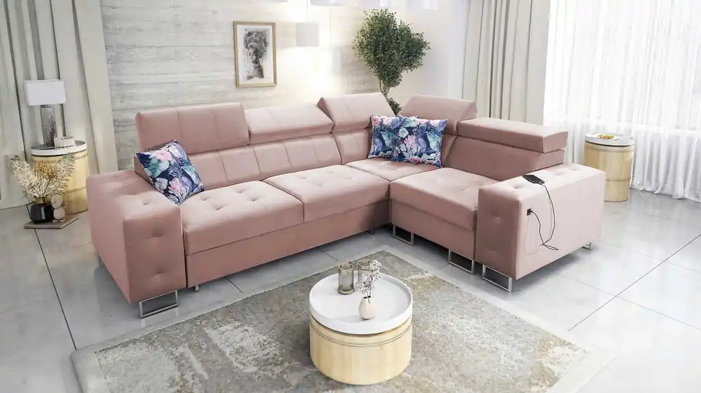 Preiswert Ecksofa mit Schlaffunktion Hampton II quarzrosa rechte Seite stilvolles Ecksofa Bett weicher Samtpolsterung Stoff