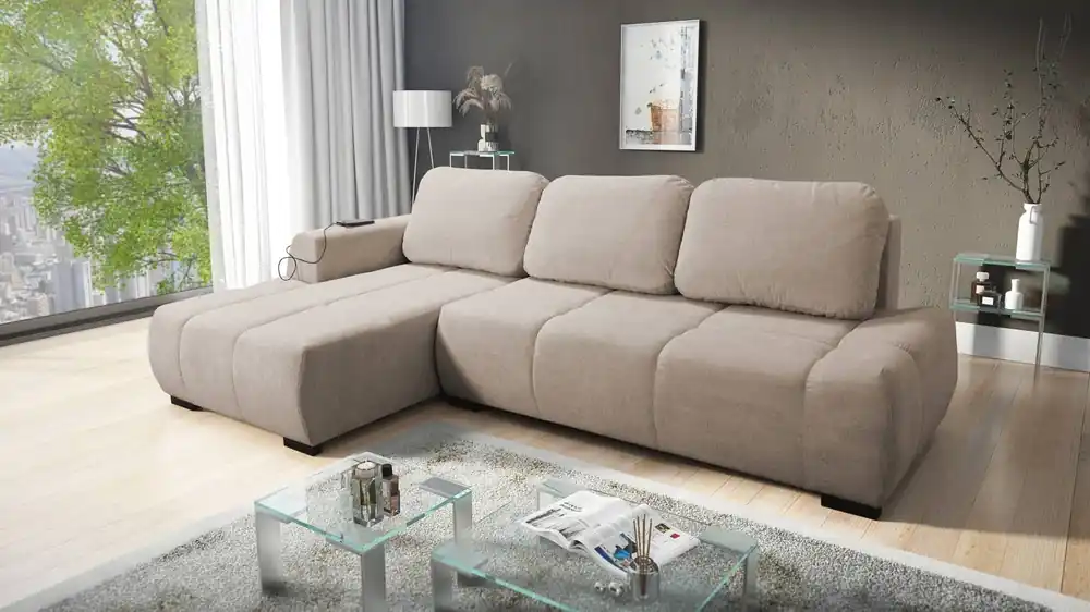 Expressversand Ecksofa mit Schlaffunktion Gentle beige linke Seite stilvolles Design Ecksofa-Bett zeichnet sich durch seine abgerundete Form aus