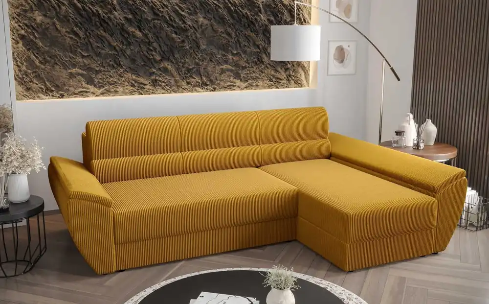 Ecksofa mit Schlaffunktion Fogu III Honig-Gelb rechts stilvolles Ecksofa mit Armlehnen und Bettzeugablage Kordstoff Expressversand