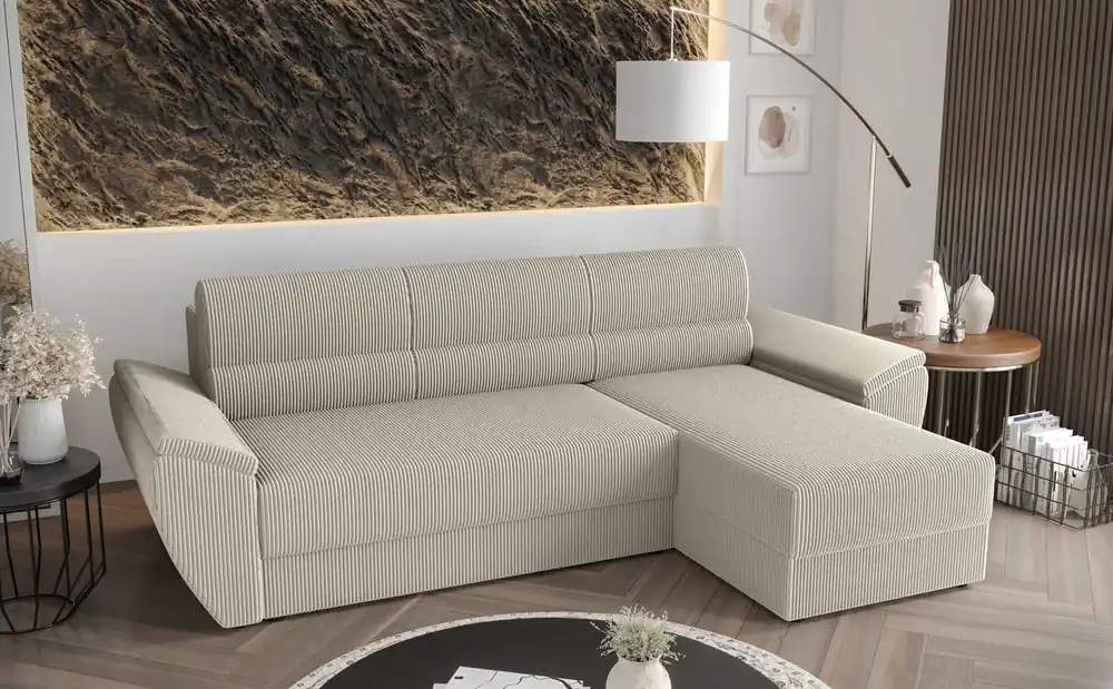 Ecksofa mit Schlaffunktion Fogu II elfenbeinfarben rechte Seite stilvolles Ecksofa mit bequemen Armlehnen und Bettzeugcontainer Kracherpreis