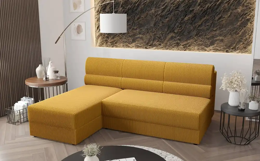 Ecksofa mit Schlaffunktion Fogu Honig-Gelb linke Seite stilvolle Ecksofa mit einfachem Design mit Cord-Stoff Bettzeug Container abgedeckt Wochenendangebot