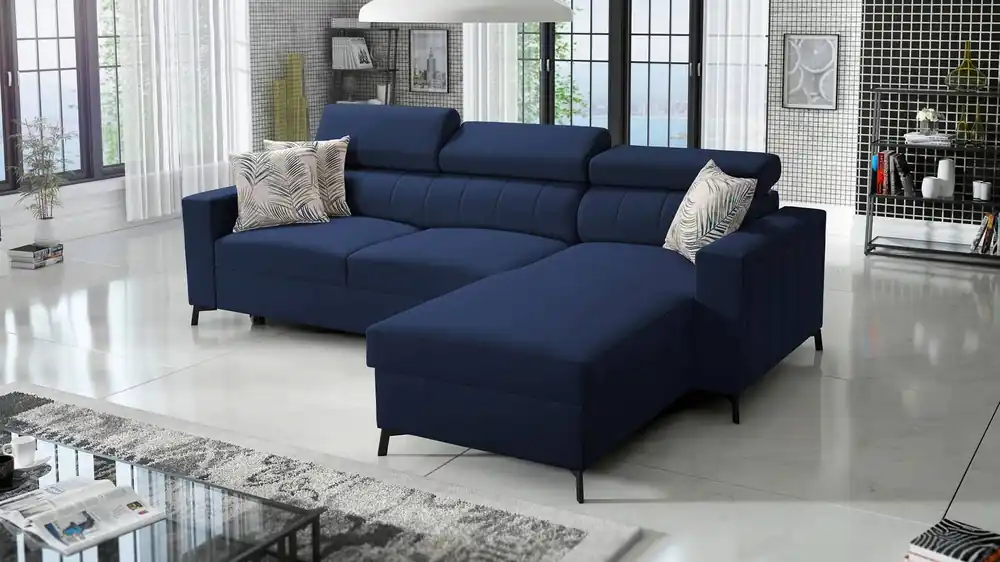 Ecksofa mit Schlaffunktion Savona blau rechts bequemes und elegantes Ecksofa mit verstellbaren Kopfstützen Ziernähte Jetzt Bestellen