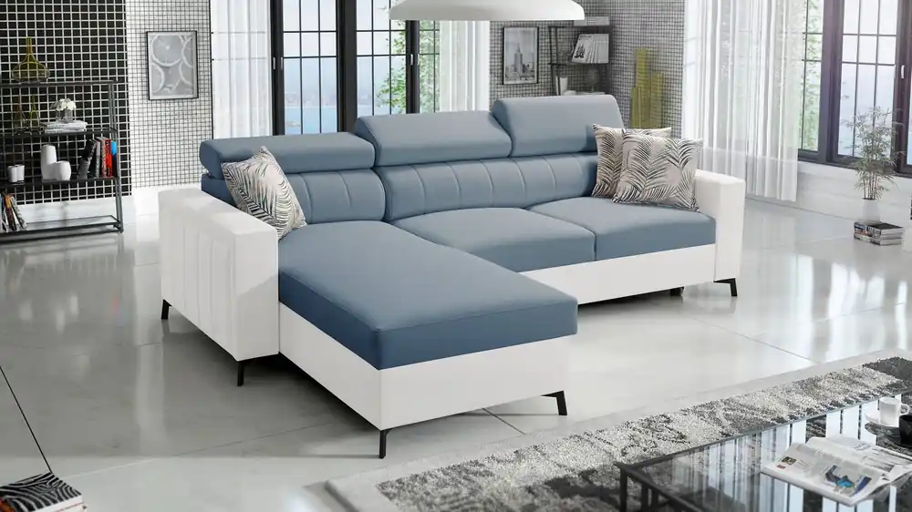 Sonderaktion Ecksofa mit Schlaffunktion Savona blau / weiß links elegantes Ecksofa mit verstellbaren Kopfstützen Ziernähte
