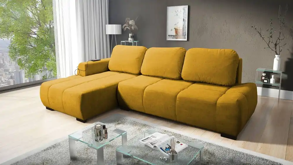 Angebot Ecksofa mit Schlaffunktion Sanfte gelbe linke Seite Stilvolles Design Ecksofa zeichnet sich durch seine abgerundete Form aus