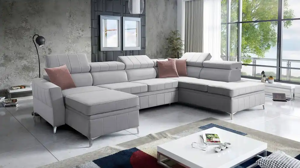 Ecksofa mit Schlaffunktion Rava VI grau Esche links praktisches und modernes Ecksofa mit Multifunktionslampe Ausverkauf