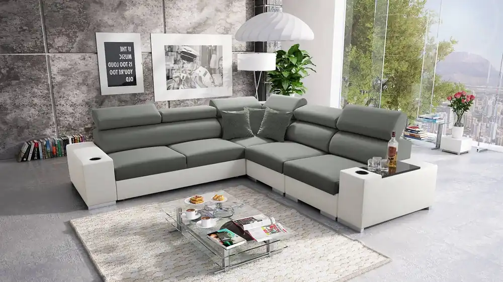 Preisreduziert Ecksofa mit Schlaffunktion Provo III grau / weiß rechtes Ecksofa mit Bettzeugablage und verstellbaren Kopfstützen