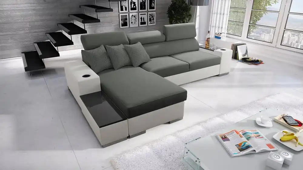 Ecksofa mit Schlaffunktion Provo grau / weiß linkes Ecksofa mit Bettkasten und Funktionserweiterung Markenware