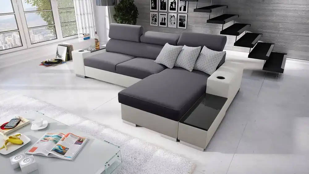 Schneller Versand Ecksofa mit Schlaffunktion Provo graphit / weiß rechtes Ecksofa mit Bettkasten und Funktionserweiterung