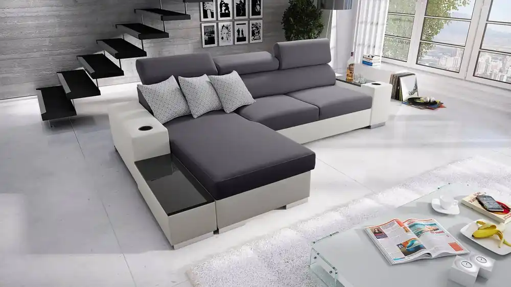 Bestpreis Ecksofa mit Schlaffunktion Provo graphit / weiß linkes Ecksofa mit Bettkasten und Funktionserweiterung
