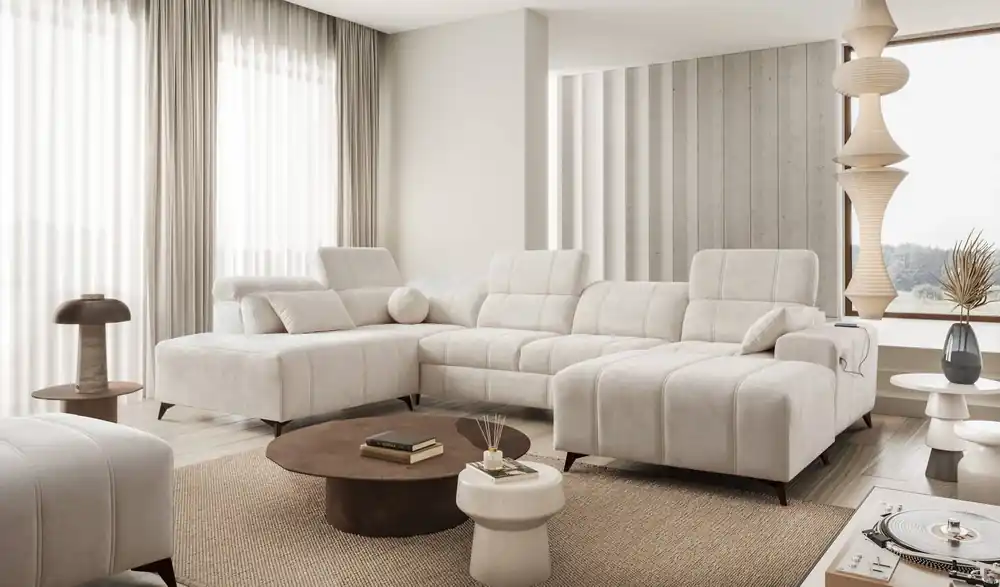 Jetzt Bestellen Ecksofa mit Schlaffunktion Penejos VI creme rechts stilvolles Ecksofa mit zwei Bettkästen strapazierfähiger Stoff