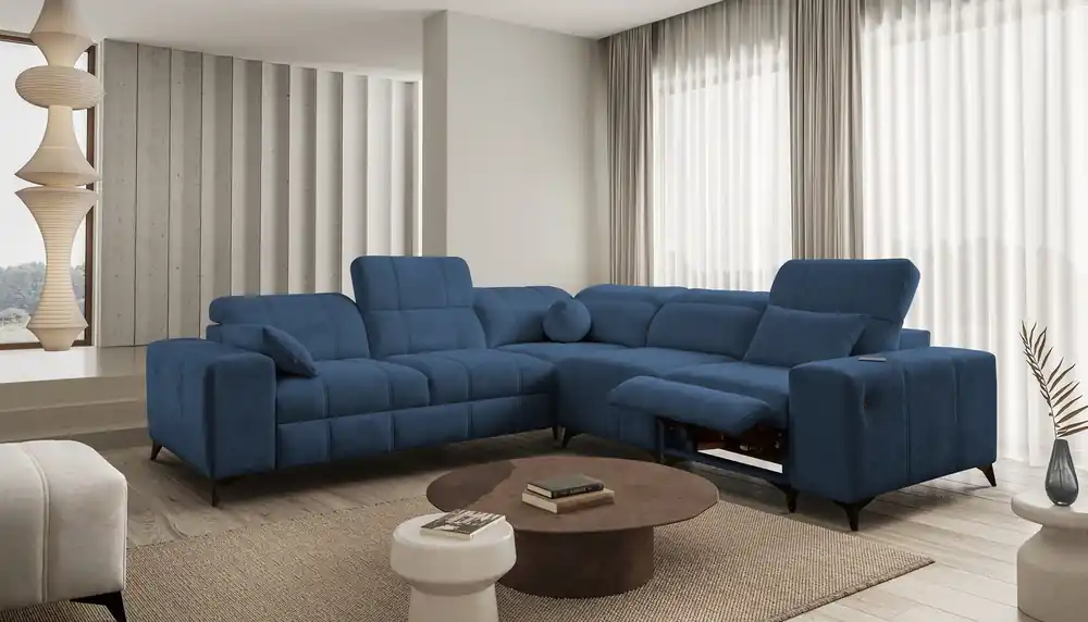 Ecksofa mit Schlaffunktion Penejos III Lux blau rechts bequemes Ecksofa für Wohnzimmer mit ausziehbarem Fußteil Bettwäschecontainer Kracherpreis