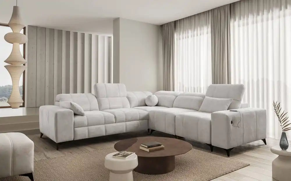 Geprüft Ecksofa mit Schlaffunktion Penejos III graue Esche rechte Ecke bequemes und praktisches Ecksofa für das Wohnzimmer zwei Container für Bettzeug